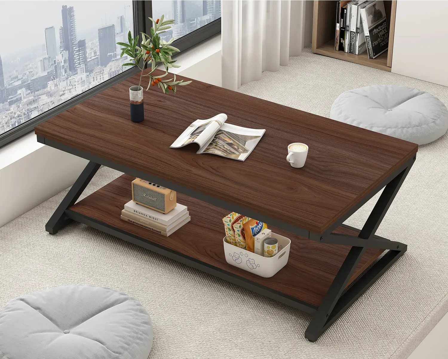 X Hugis ng Leg Coffee Table na may istante, Walnut, 47 Inch_04