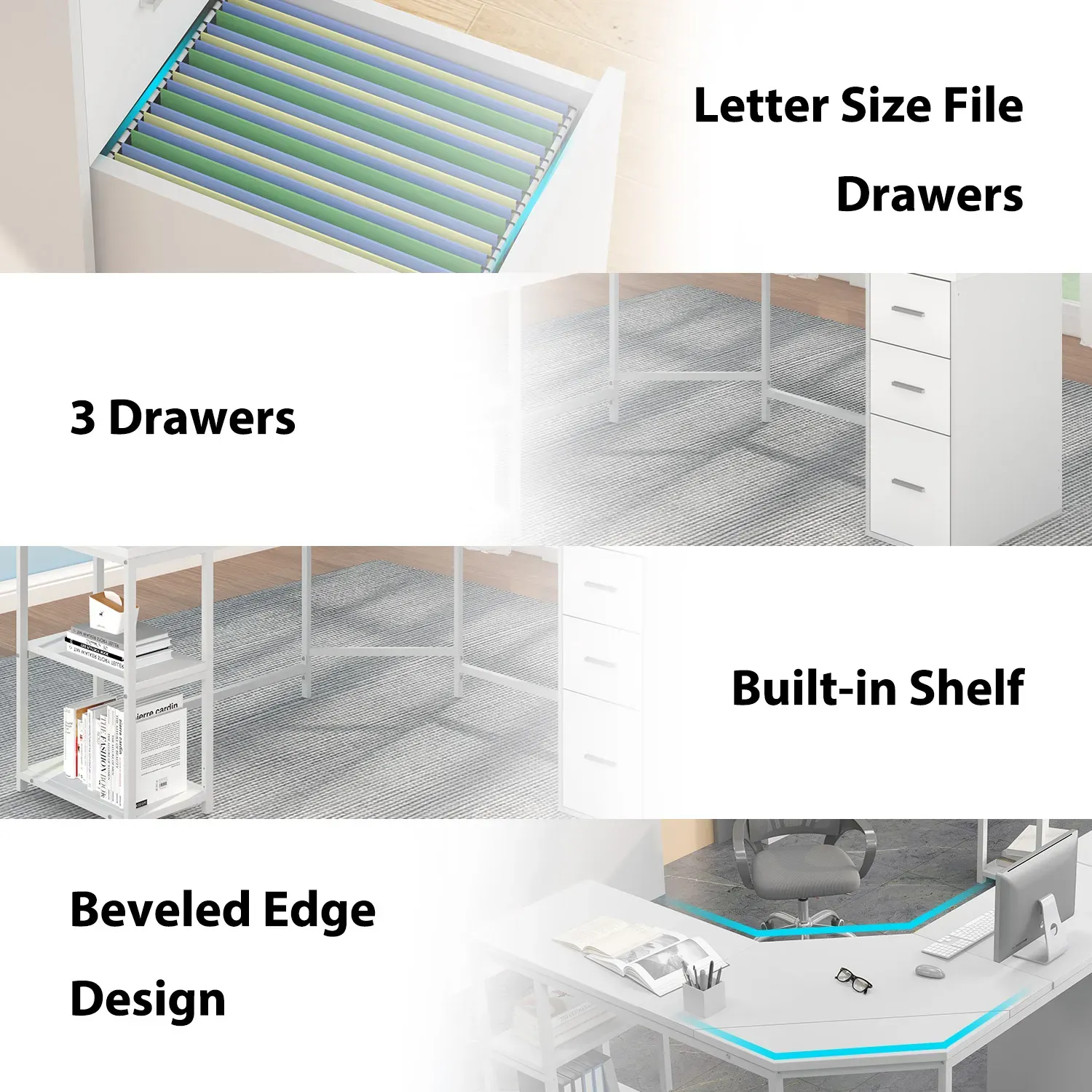 L Shape Desk com gavetas e prateleira de armazenamento, Oak_05 branco