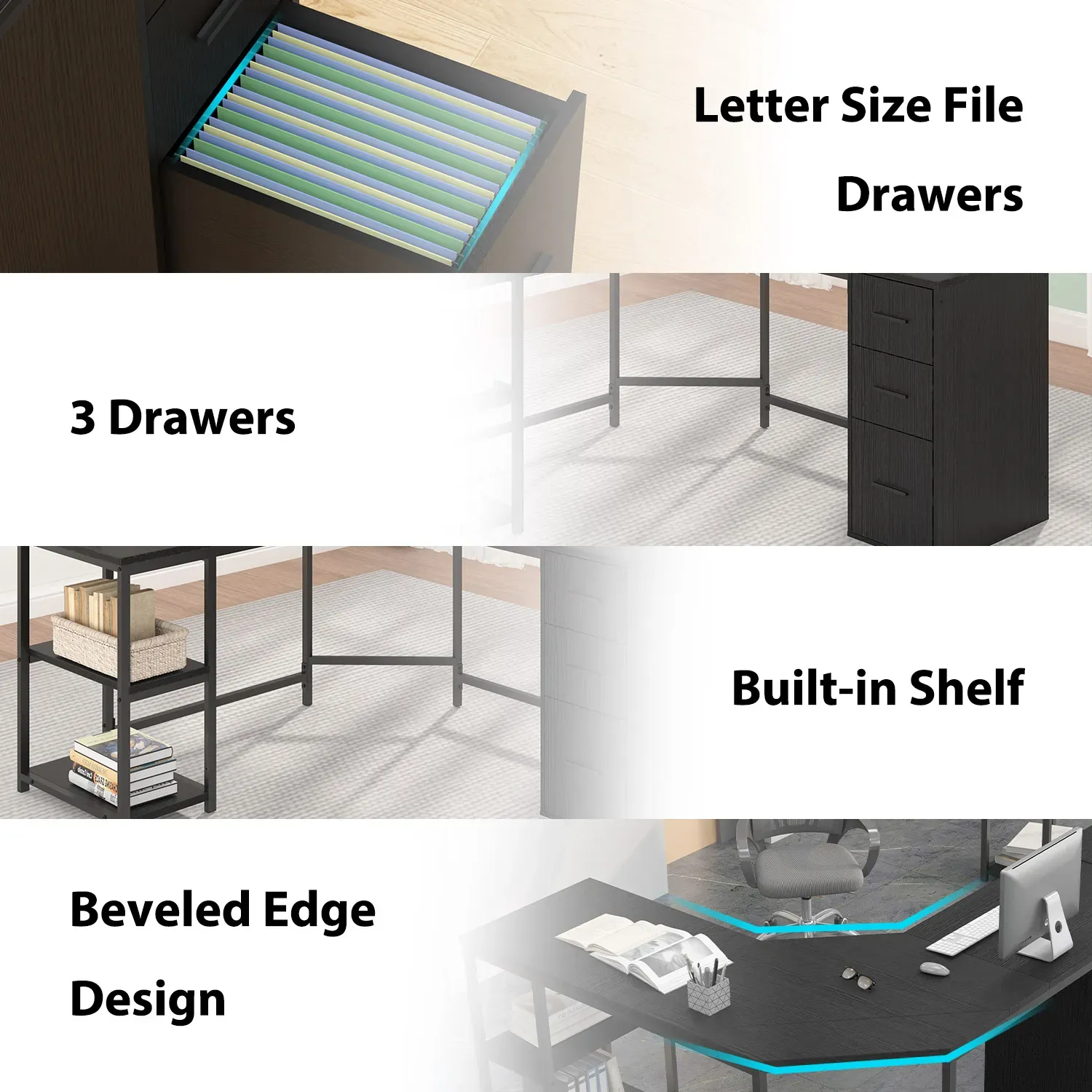 L Shape Desk com gavetas e prateleira de armazenamento, Oak_05 preto