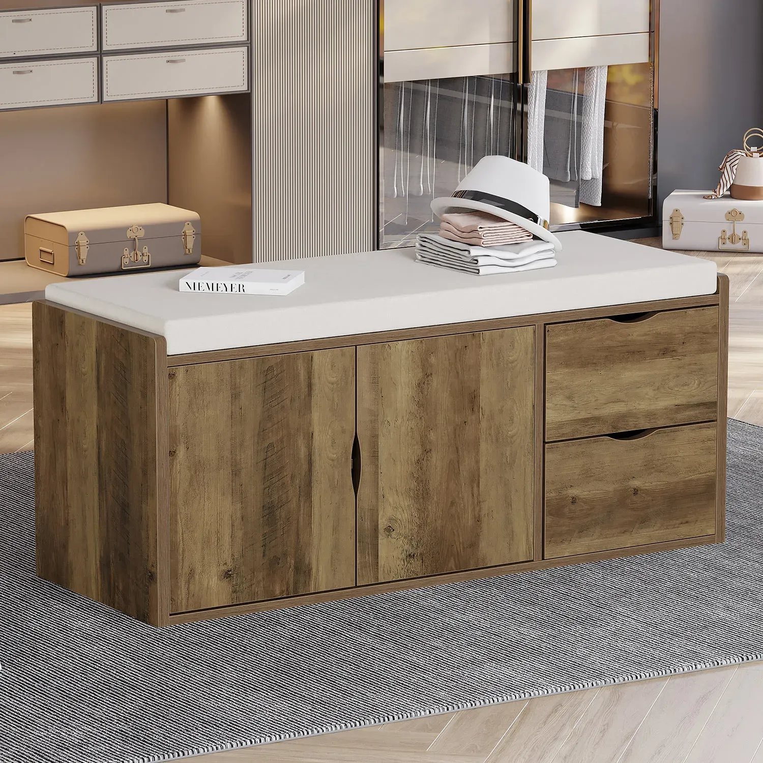 Entryway bench na may naka -pack na cushioned seat, Rustic oak 03