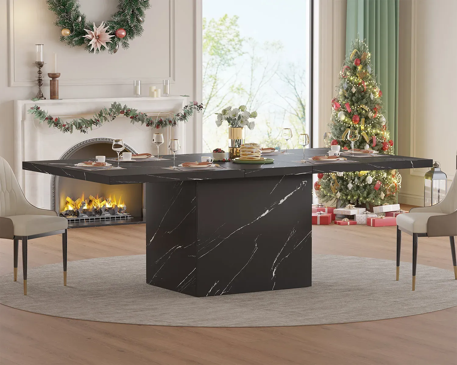 T-formad svart faux marmor matbord, 78.74 Tum 03