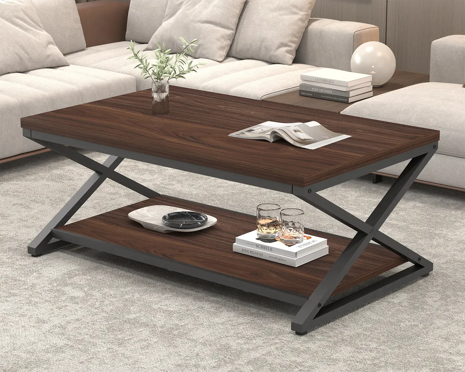 X Hugis ng Leg Coffee Table na may istante, Walnut, 47 Inch_05