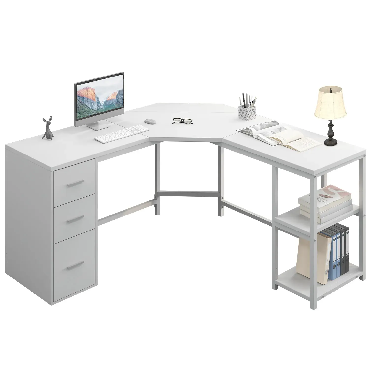 L Shape Desk com gavetas e prateleira de armazenamento, Oak_06 branco