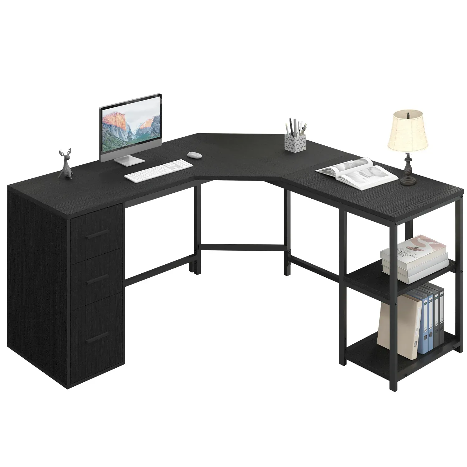 L Shape Desk com gavetas e prateleira de armazenamento, Oak_06 preto