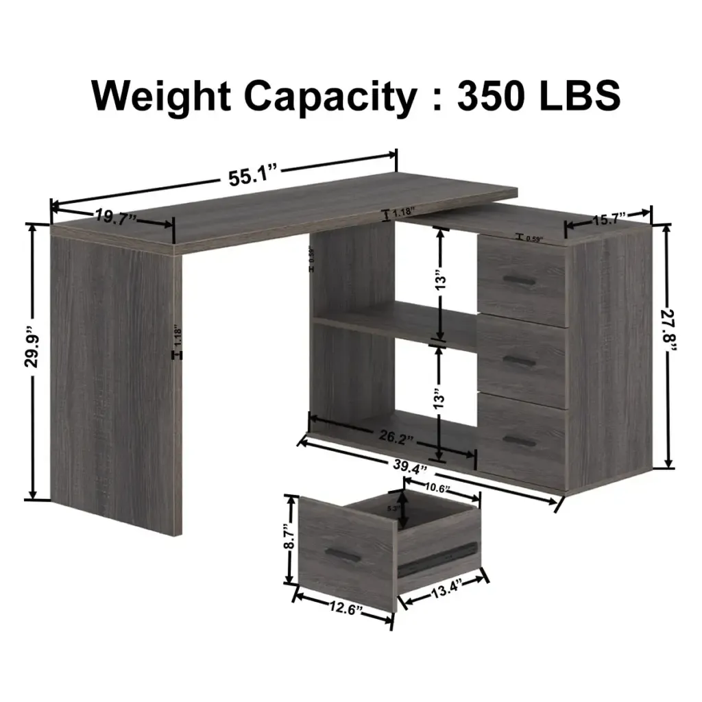 L em formaatórGirando a mesa de computador comvisGavetas§ÃOak cinza escuroe trabalho principalDark Gray Oak 1 Toptrue L-Shaped Rotating Desk - main workspace view