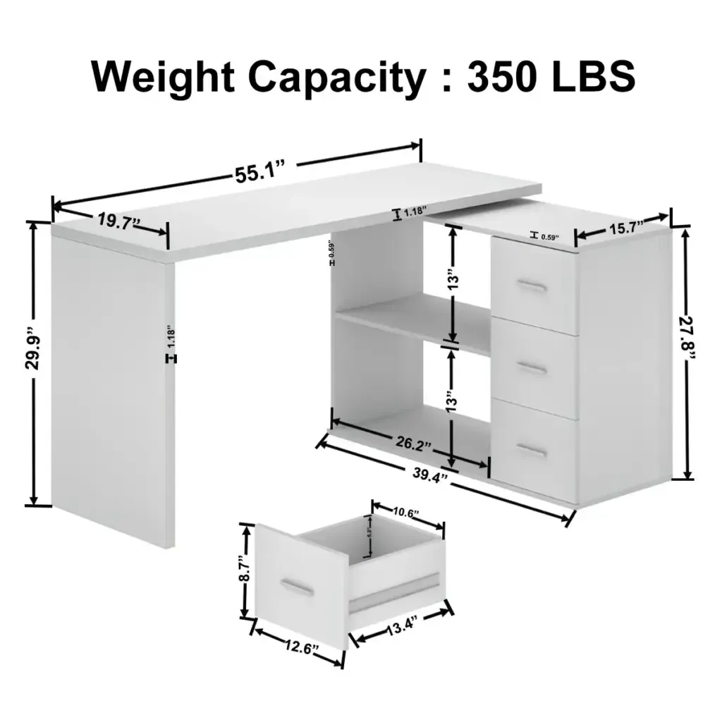 E bopehileL-ShaHo potoloha ha desk ea khomphutha e nang lesa Drawersa White Oakoale ea lehae1e bonts'ang sebaka se sesoeu sa oak le polokelo ea litoro Toptrue L-Shaped Rotating Desk in a modern home office setting, showing the white oak finish and drawer storage.