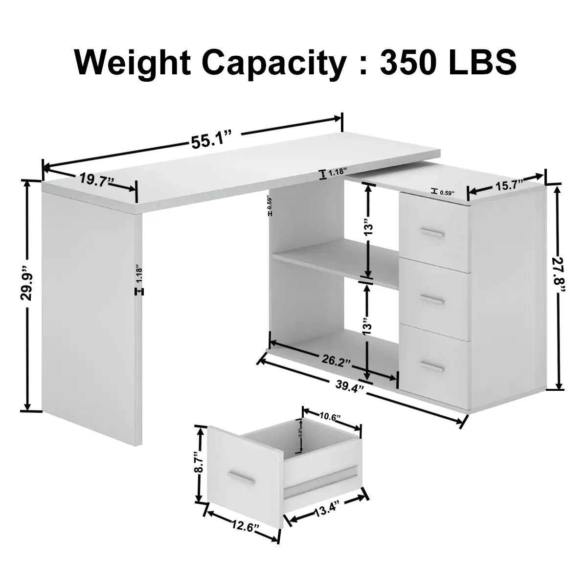 E bopehile 360 Ho potoloha ha desk ea khomphutha e nang le 3 Drawers, White Oak_06