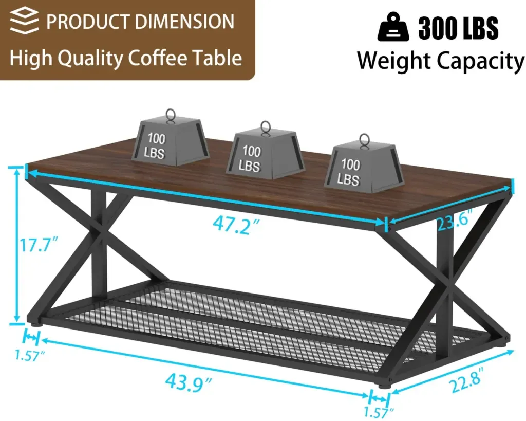 Tafura yekofi nekuchengetedzaa Walnutsh yeInchengetedza sherufu munzvimbo yekutandarira Toptrue Walnut Coffee Table with mesh storage shelf in a living room setting