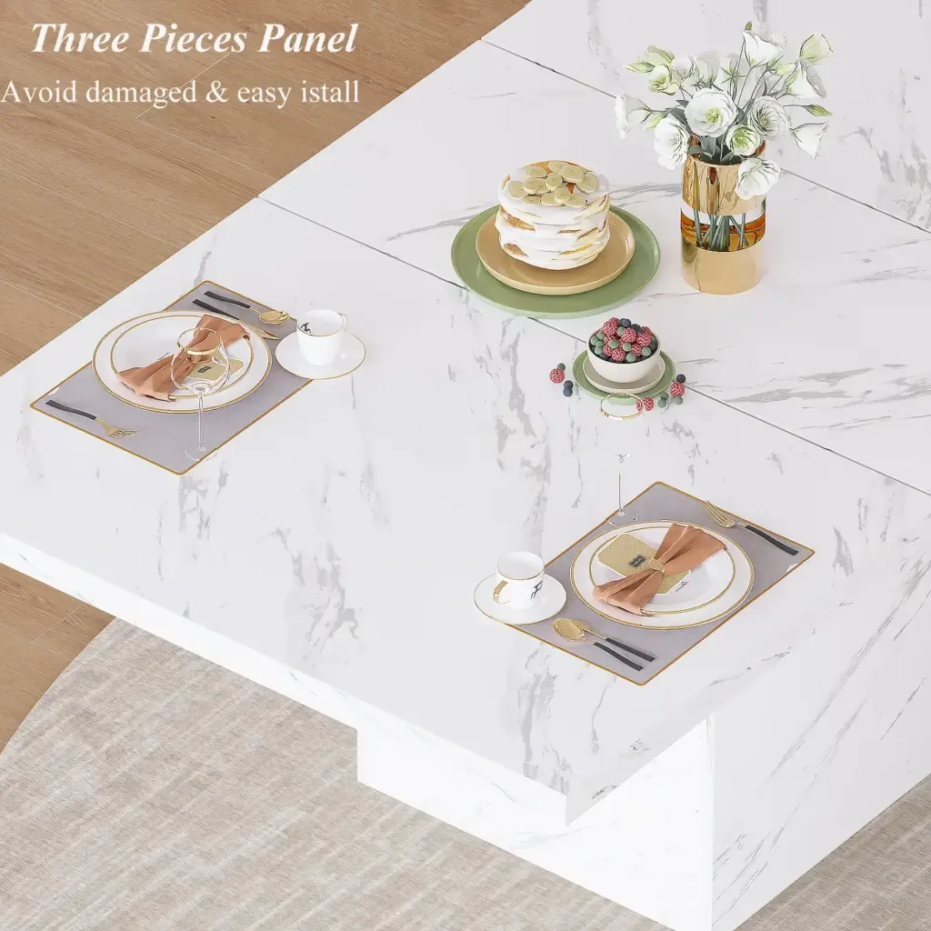 Itafula le-T-Shape Flaw Faux Marble Dining Dining Marble Umuthi ophakathing Table showcase egumbini lokudlela lesimanjemanje Toptrue T-Shaped White Faux Marble Dining Table showcase in a modern dining room