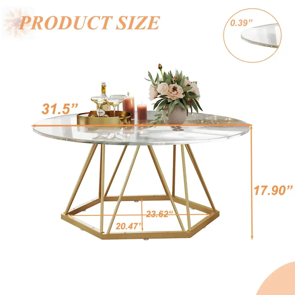 Tab kafe wonn vè ak baz metal egzagonal an lòre tèt klè vè ak baz jeyometrik lò Round Glass Coffee Table with Golden Hexagonal Metal Base showcasing clear glass top and geometric gold base
