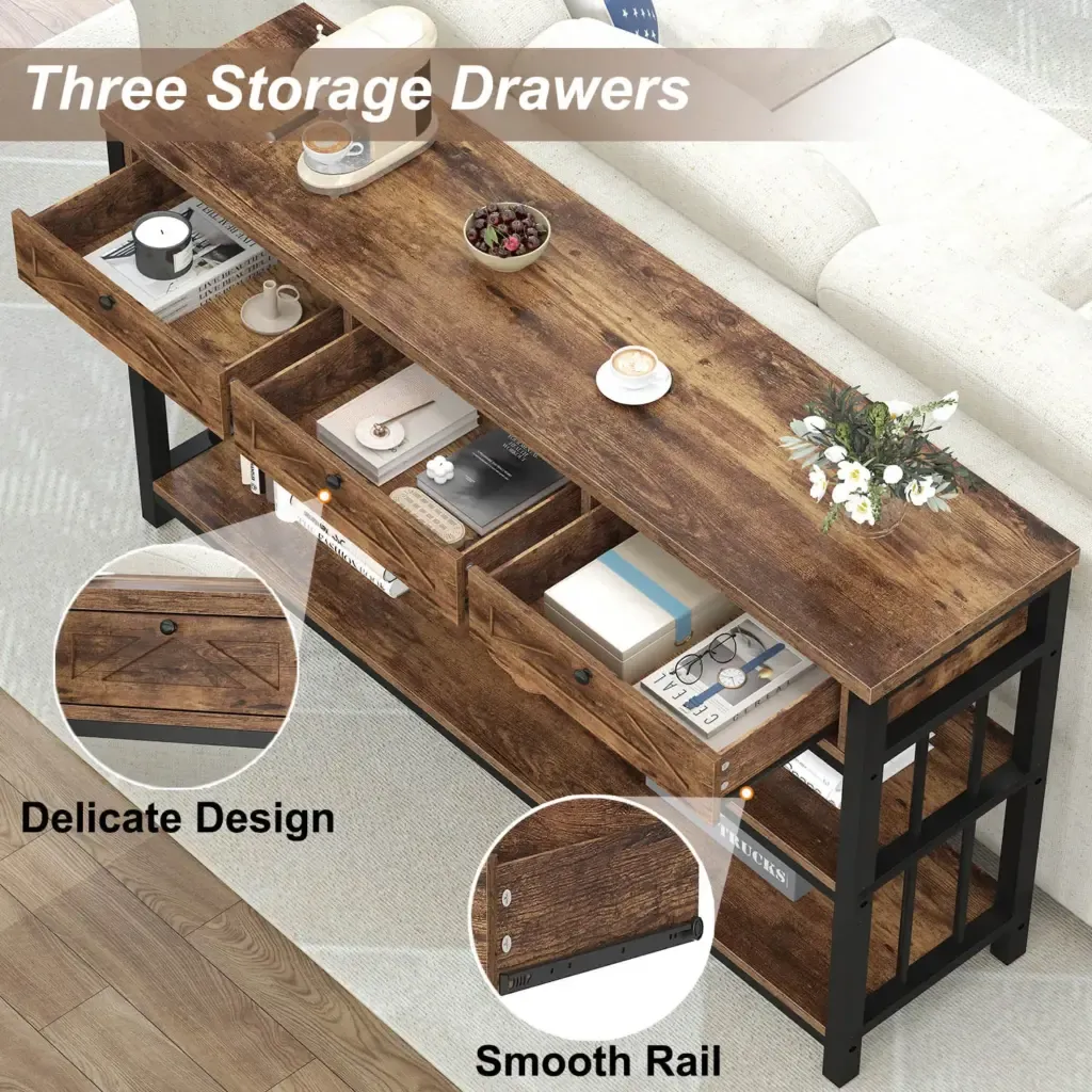 سوفی ٹیبل کے ساتھ 3 دراز, دہاتی بھوری 4لونگ روم میں اسٹائل کرنا Sofa Table with 3 Drawers, Rustic Brown - Styling in a Living Room