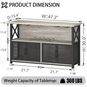 Kabinè ba kafe pou likè ak linèti Limyè gri pye bwadchenn gri¨ stemware ak etajè louvri Toptrue Light Grey Oak Coffee Bar Cabinet displaying stemware holders and open shelving