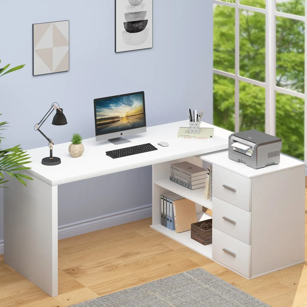 E bopehile 360 Ho potoloha ha desk ea khomphutha e nang le 3 Drawers, White Oak_07