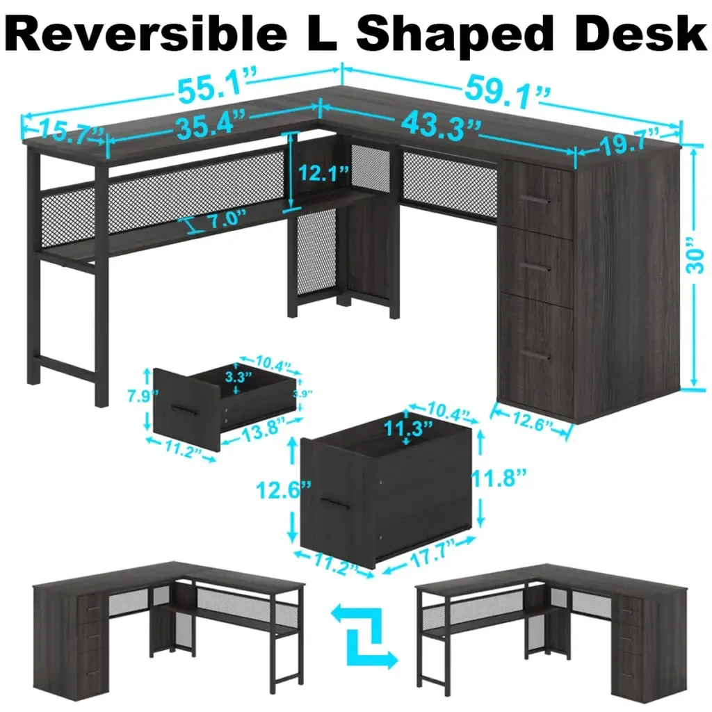 Biurko w kształcie litery L z szafkamiry L z szaCiemnoszary dąbmentyray Oak 1Główny widok obszaru roboczego Toptrue L Shaped Desk with File Cabinets, Dark Gray Oak - Main Workspace View