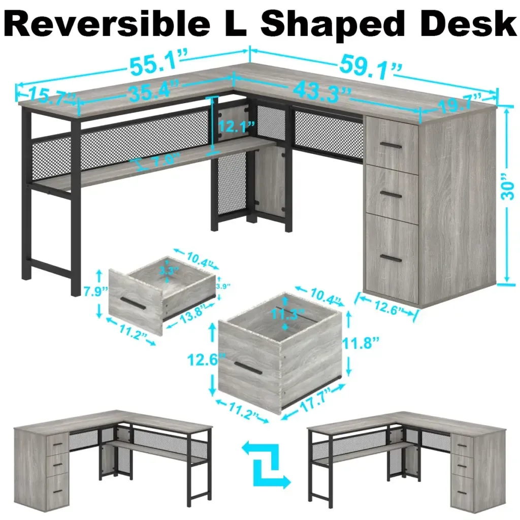L hugis desk na may mga cabinets ng file FLight grey oak Light Grey Oaking Workspace View Toptrue L Shaped Desk with File Cabinets in Light Grey Oak - Main Workspace View