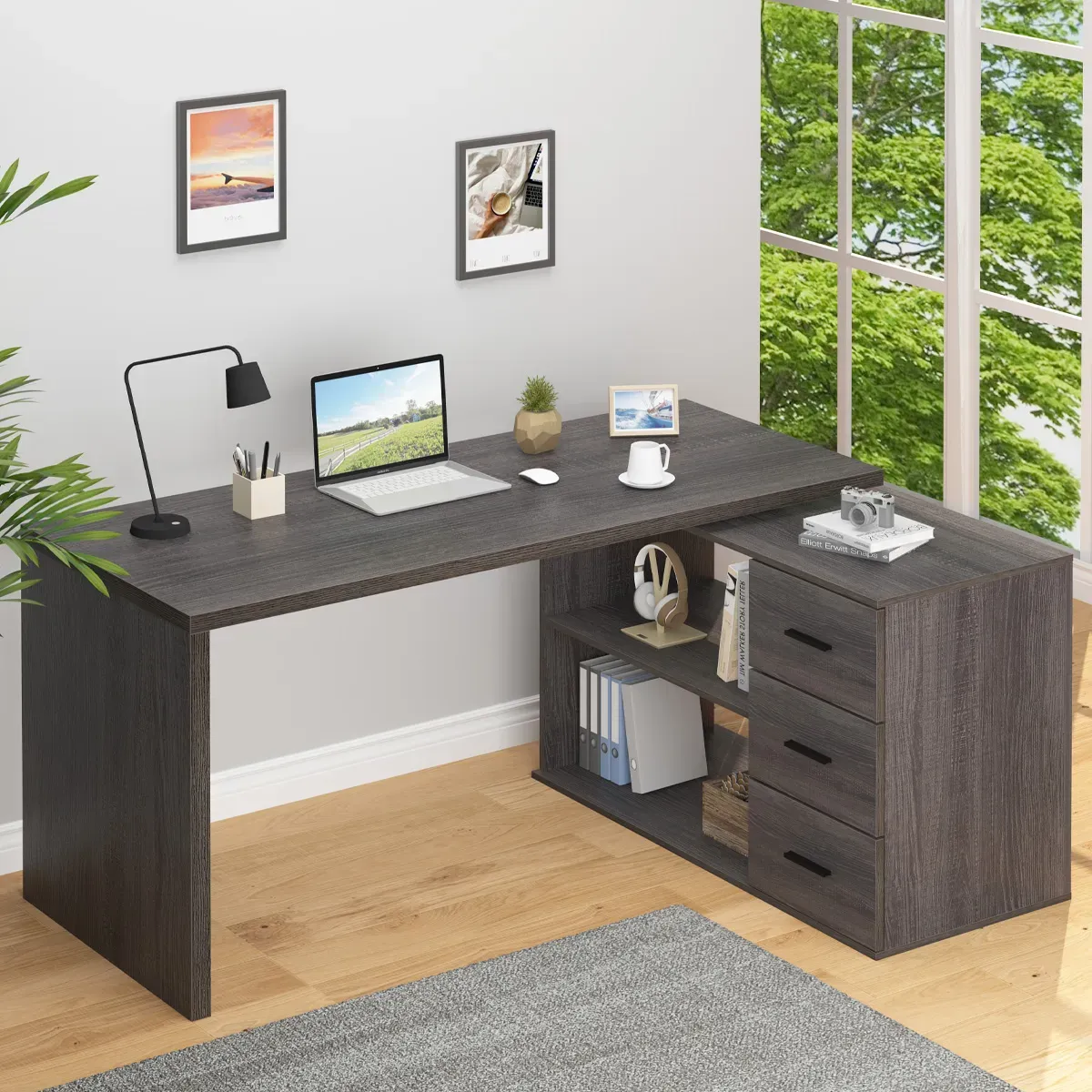 L em forma 360 Girando a mesa de computador com 3 Gavetas, Oak_07 cinza escuro
