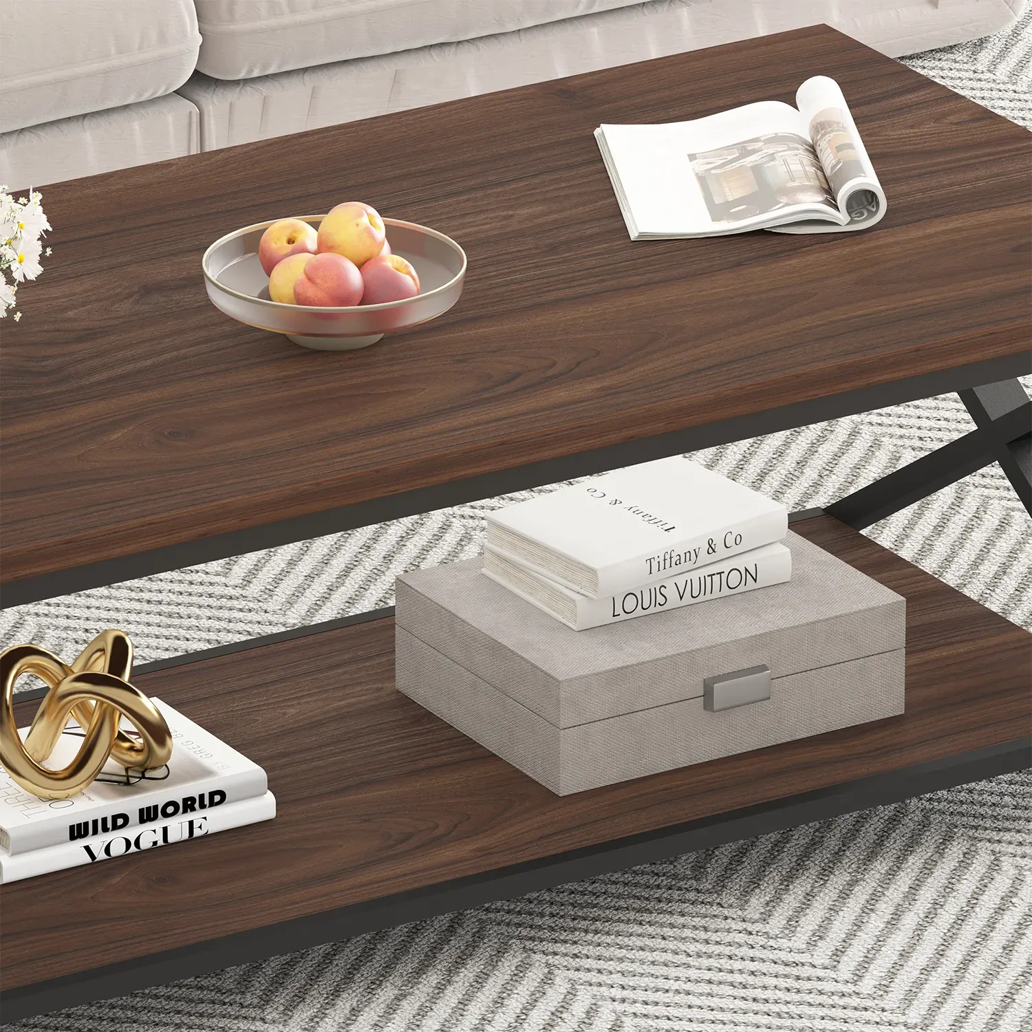 X Hugis ng Leg Coffee Table na may istante, Walnut, 47 Inch_07