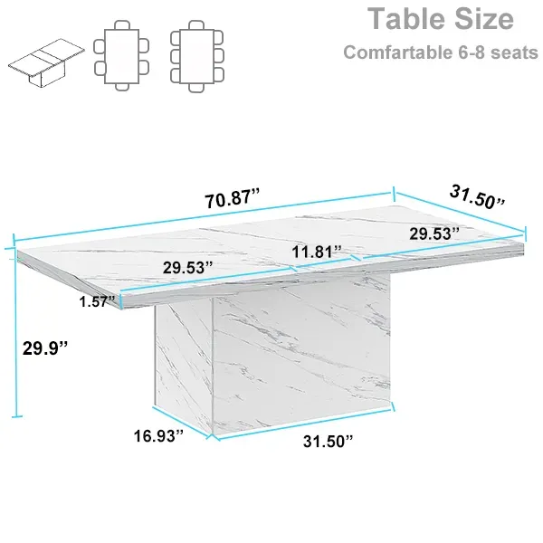 Meja Makan Bengkar Putih Faux Kanggo 6-8, 70.87 Inci 2 White Faux Marble Dining Table for 6-8, 70.87 Inch 006
