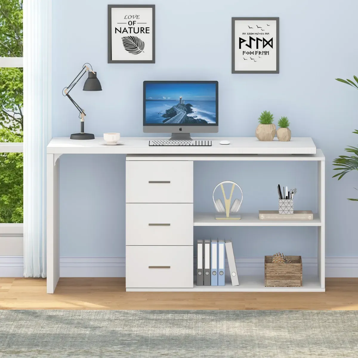 E bopehile 360 Ho potoloha ha desk ea khomphutha e nang le 3 Drawers, White Oak_08