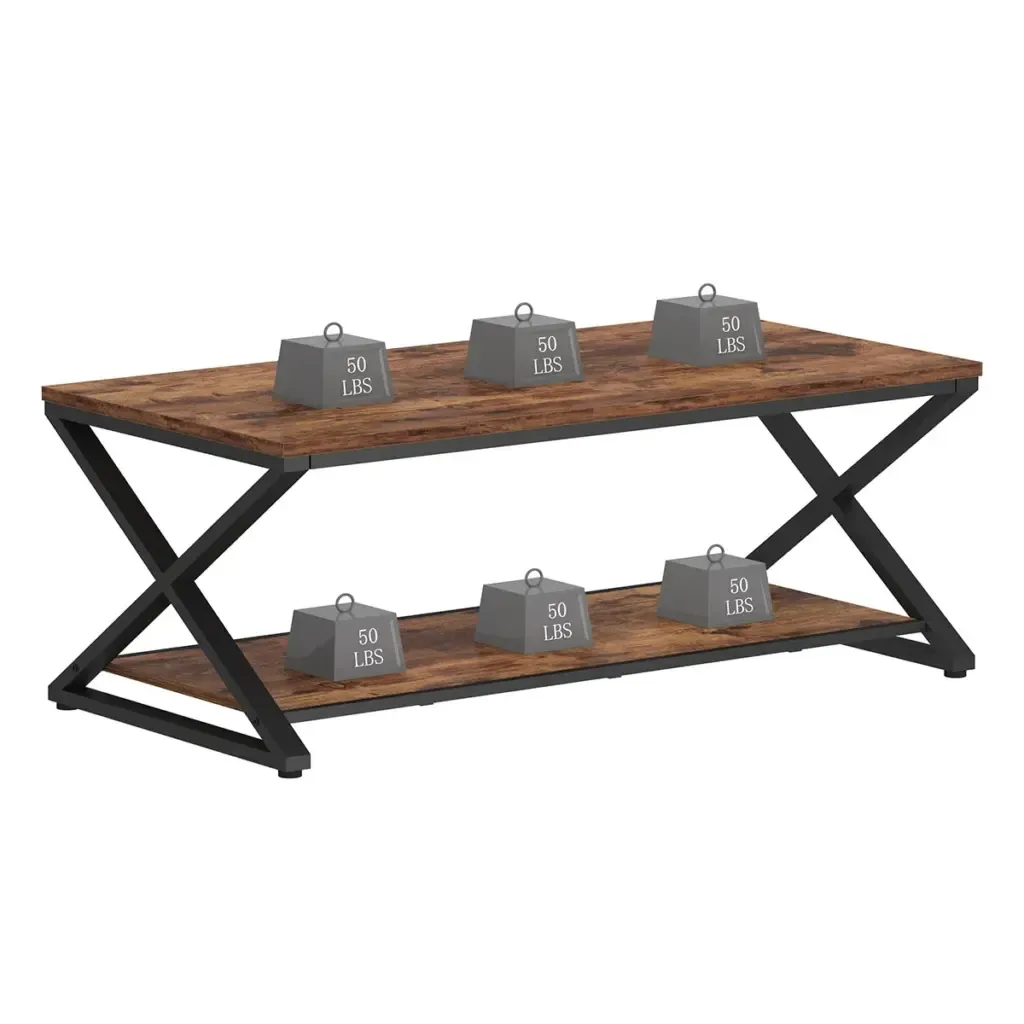 X konferenÄnà stolek ve tvaru nohy s policÃe Rustikálnà hnÄ›dávýmiPalecami ve tvaru X a spodnà policà Toptrue X-Leg Coffee Table detail showing X-shaped metal legs and lower shelf