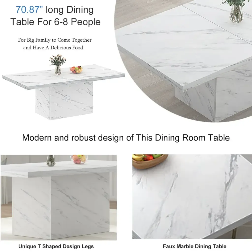 Meja Makan Bengkar Putih Faux Kanggo 6-8, 70.87 Inci 1 White Faux Marble Dining Table for 6-8, 70.87 Inch 007