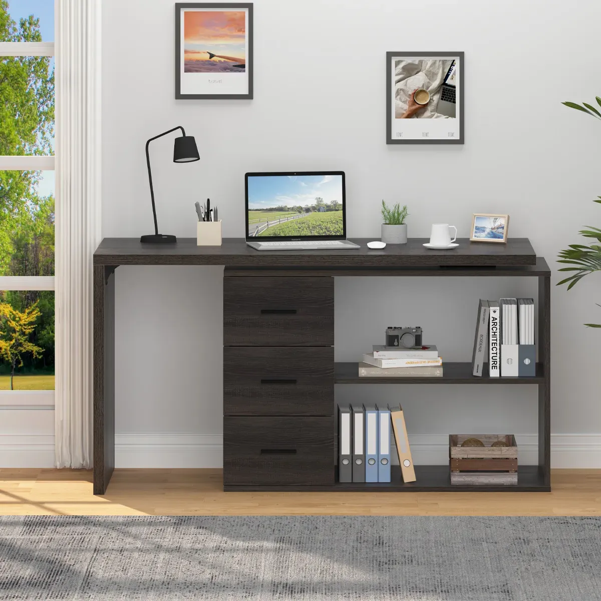 L em forma 360 Girando a mesa de computador com 3 Gavetas, Oak cinza escuro_08