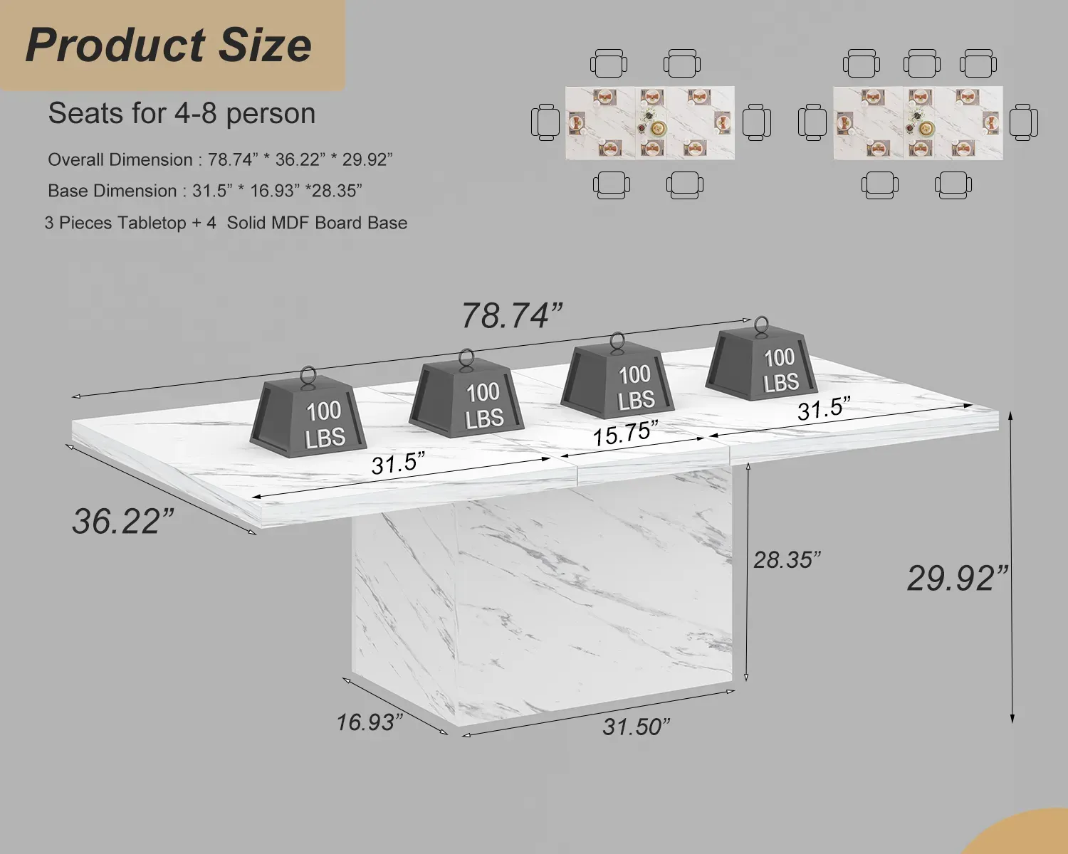 Itafula le-T-Shape Flaw Faux Marble Dining Dining, 78.74 Umuthi ophakathi 06
