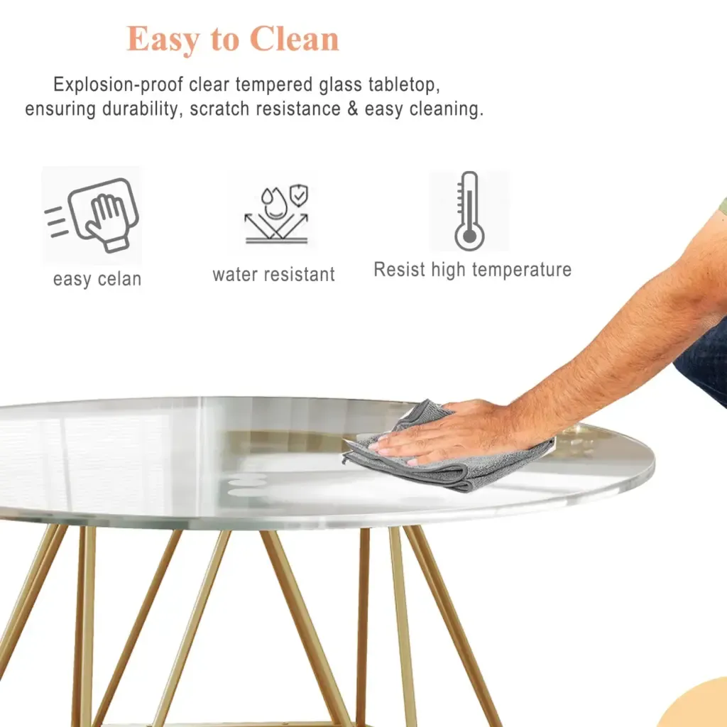Tab kafe wonn vè ak baz metal egzagonal an lòn modèn Toptrue Round Glass Coffee Table in a modern living room setting