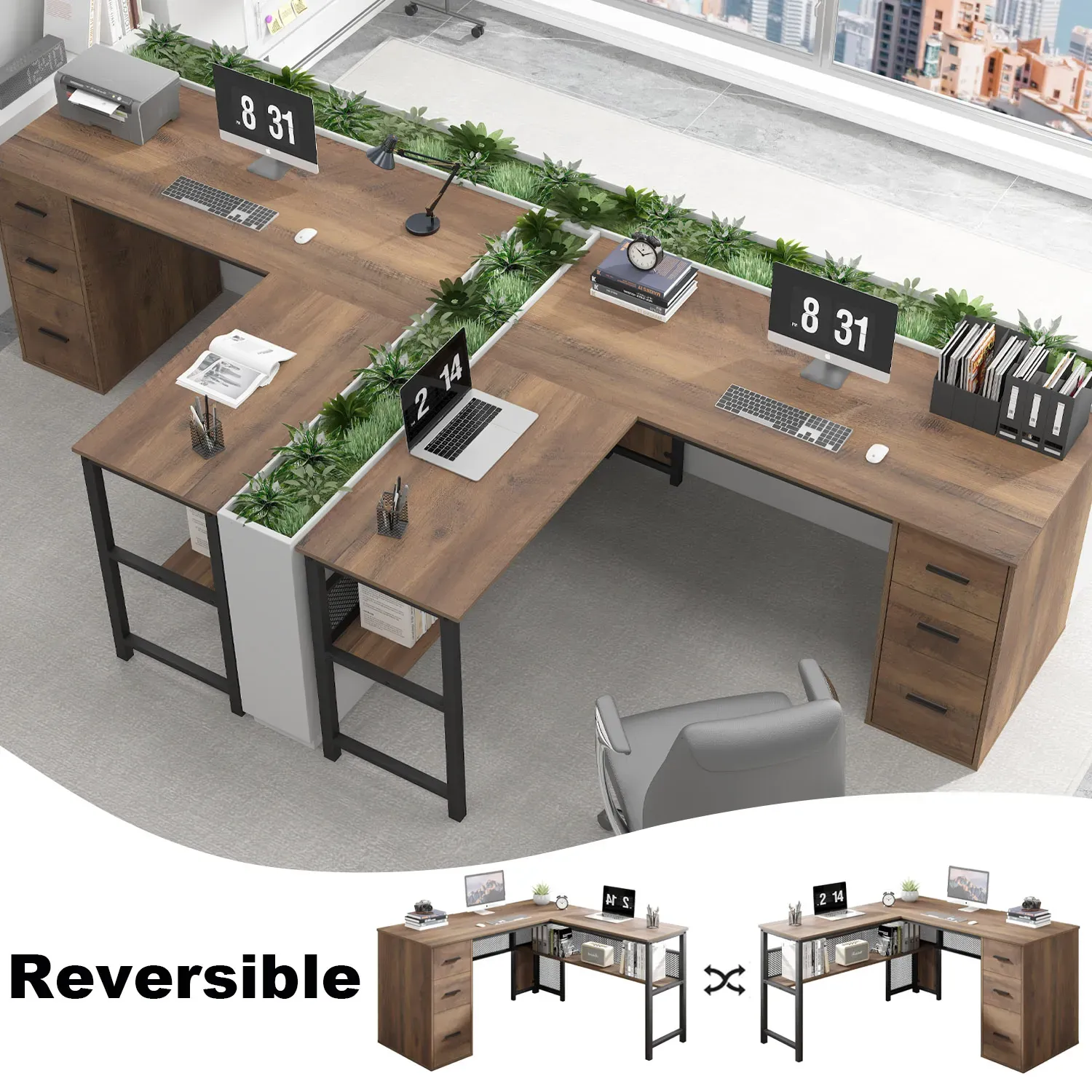 L hugis desk na may mga cabinets ng file, Rustic Oak_07