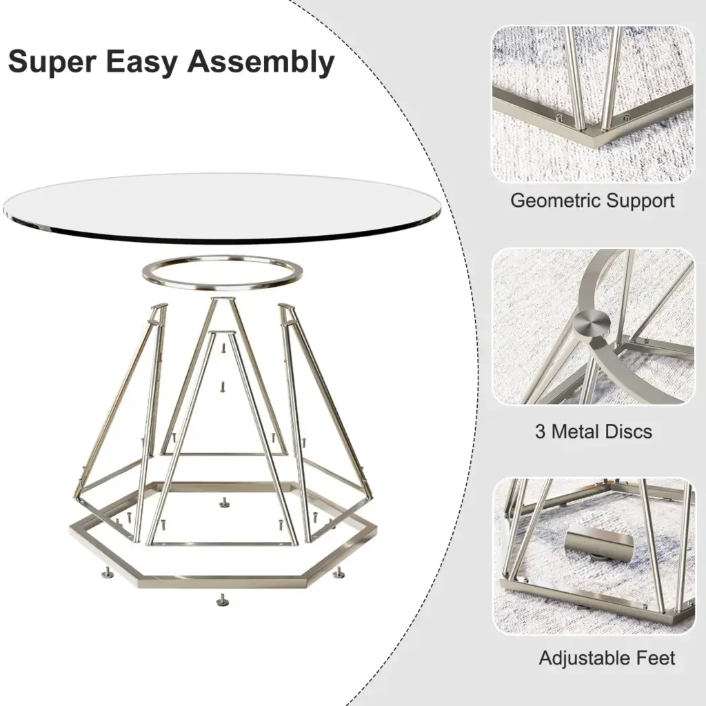 โต๊ะกาแฟกลมแก้วพร้อมฐานโลหะหกเหลี่ยมสีเงิน 2 Close-up detail of the Toptrue coffee table's geometric metal base and sturdy construction.