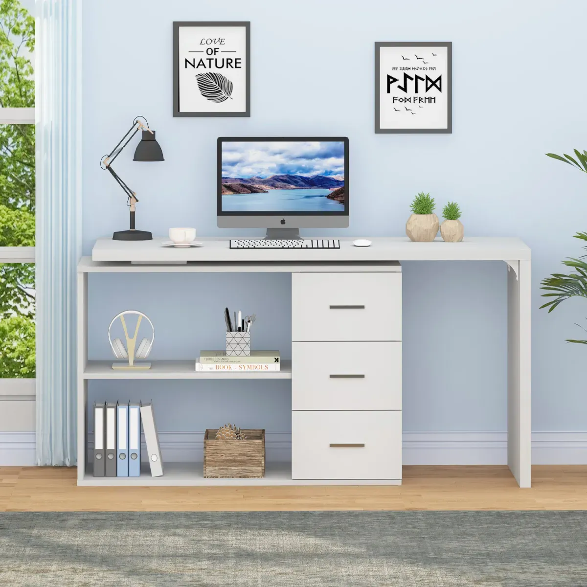 E bopehile 360 Ho potoloha ha desk ea khomphutha e nang le 3 Drawers, White Oak_09