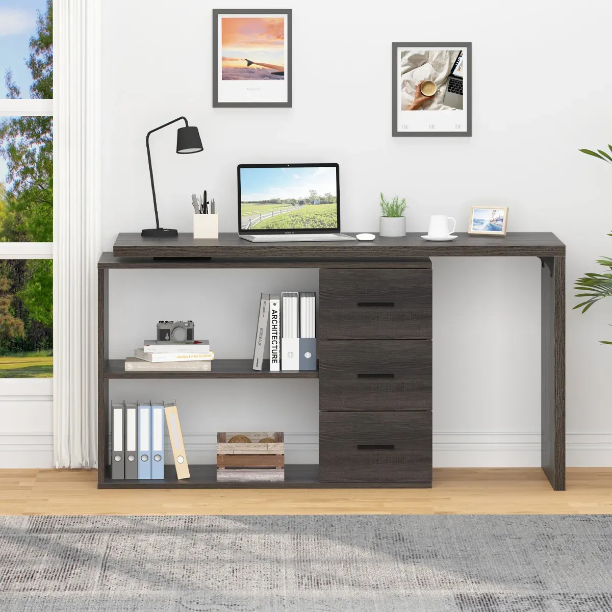 L em forma 360 Girando a mesa de computador com 3 Gavetas, Oak Gray Dark_09