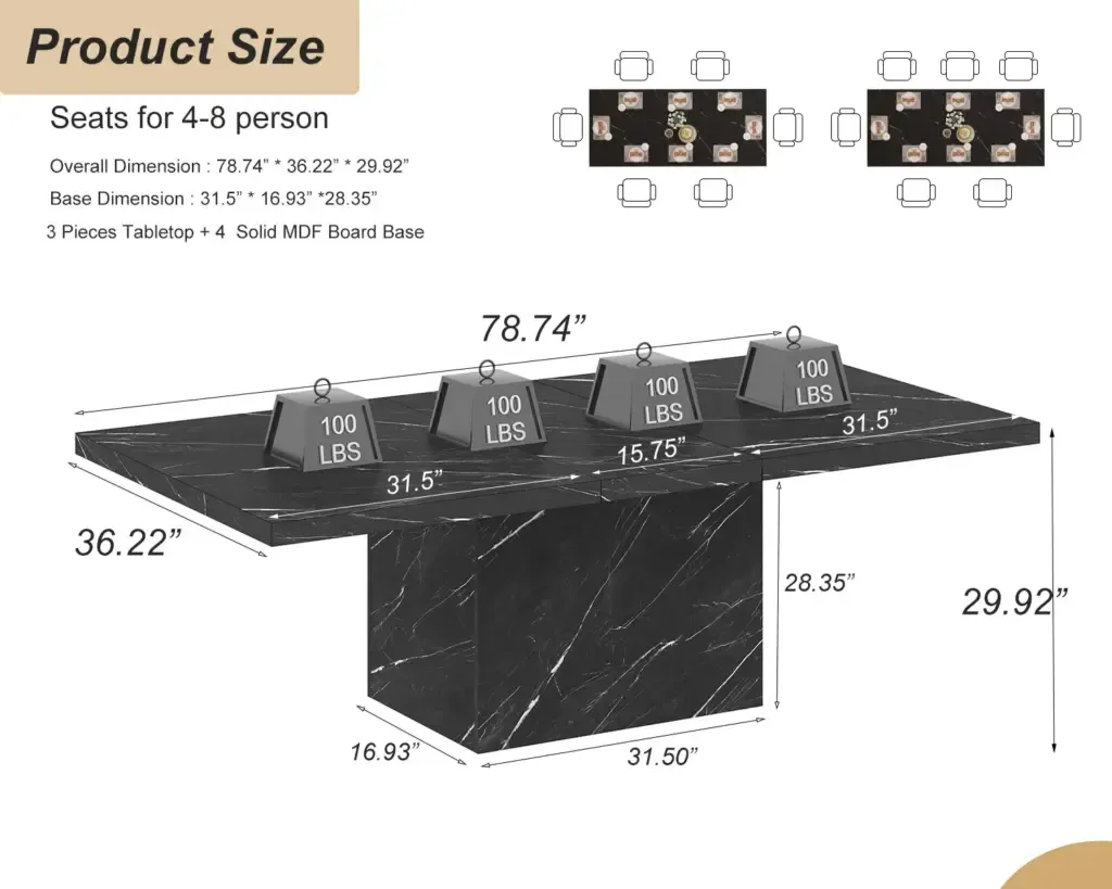 T-formad svart faux marmor matbord, 78.74 Tum 2 T-Shaped Black Faux Marble Dining Table, 78.74 Inch 100