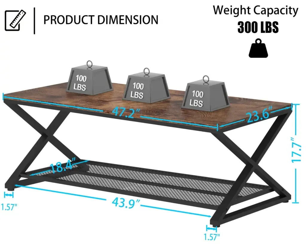 X janm ki gen fòm 2 Tab kafe nivo, Rustic mawon, 47 Pous yo montre nan yon anviwònman salon modèn X Shaped Leg 2 Tier Coffee Table, Rustic Brown, 47 Inch shown in a modern living room setting