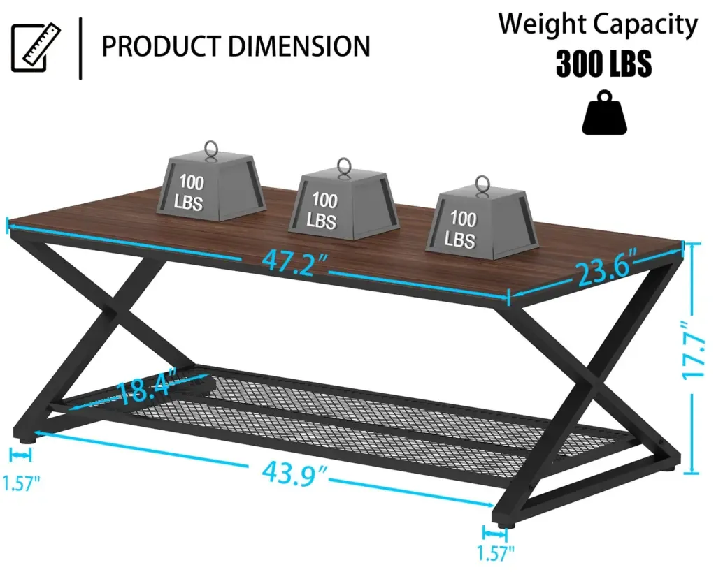 X shaped leg 2 Tier nga Talaan sa Kape, Nuwes, 47 Pulchkita ang pulgada sa us aka moderno nga setting sa sala X Shaped Leg 2 Tier Coffee Table, Walnut, 47 Inch shown in a modern living room setting.