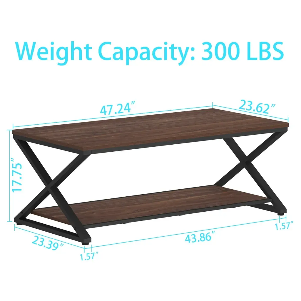 X Hugis ng Leg Coffee Table na may istante, Walnut, 47 Pulgada na ipinapakita sa modernong sala setting X Shaped Leg Coffee Table with Shelf, Walnut, 47 Inch shown in a modern living room setting