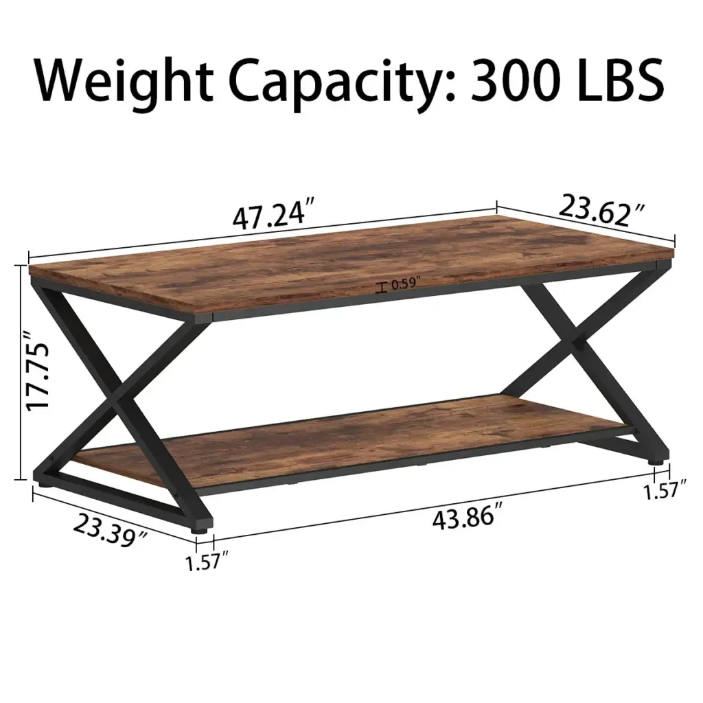 X konferenÄnà stolek ve tvaru nohy s policà poRustikálnà hnÄ›dá BroPalec4pÅ™ednà pohled do obývacÃho pokoje Toptrue X-Leg Coffee Table with Shelf, Rustic Brown, front living room view