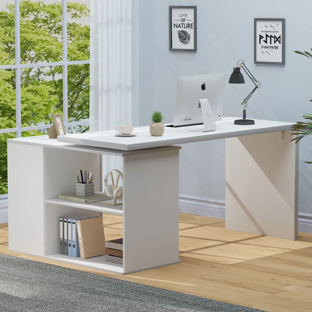 E bopehile 360 Ho potoloha ha desk ea khomphutha e nang le 3 Drawers, White Oak_10