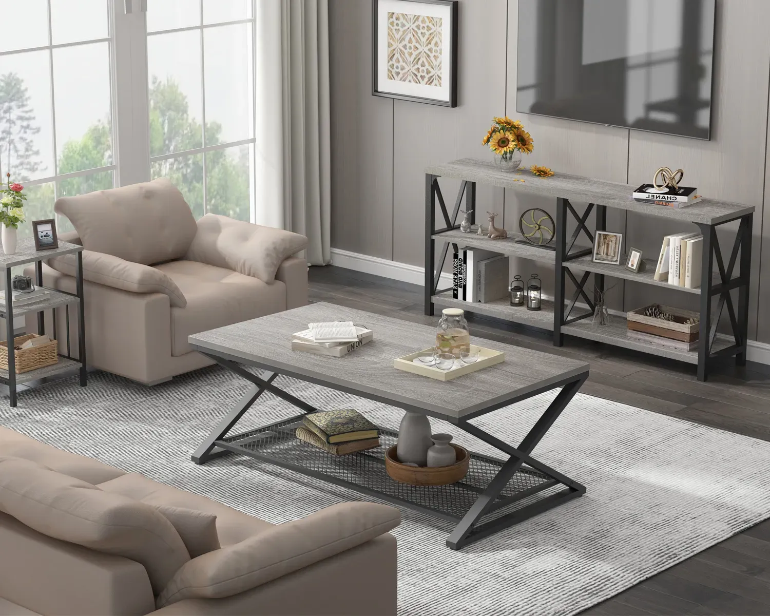 X u obliku nogu 2 Tier stol za kavu, Svijetlo sivi hrast, 47 Inch_08