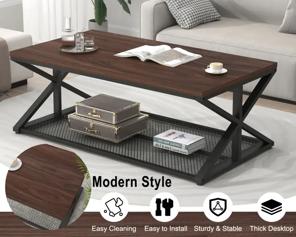 Tafura yekofi nekuchengetedza, Walnut, 47 Inch 2 Close-up detail of the Toptrue coffee table's industrial X-brace and sturdy construction