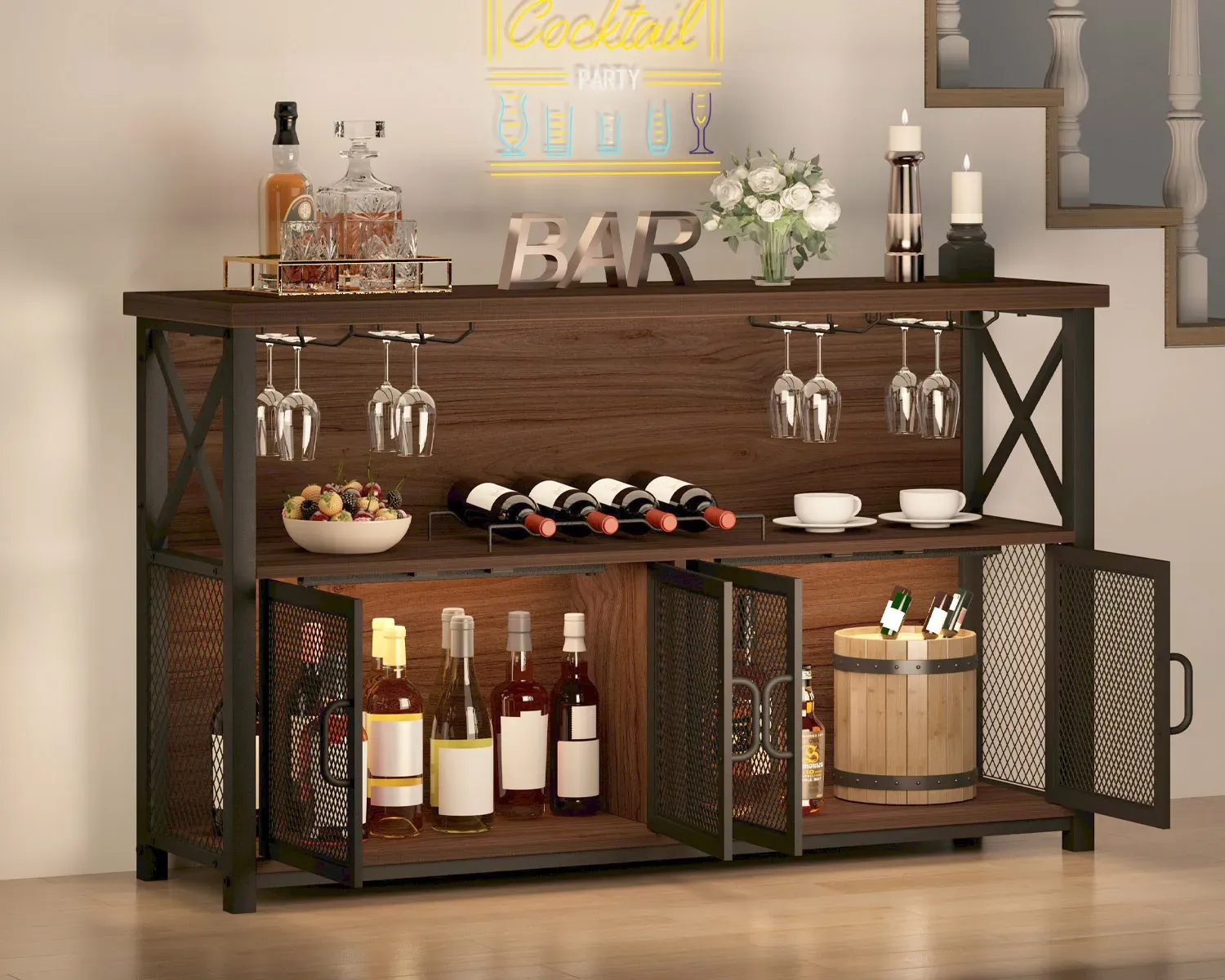 Kopi baris kabinét pikeun inuman alkohol sareng gelas, Walnut_09