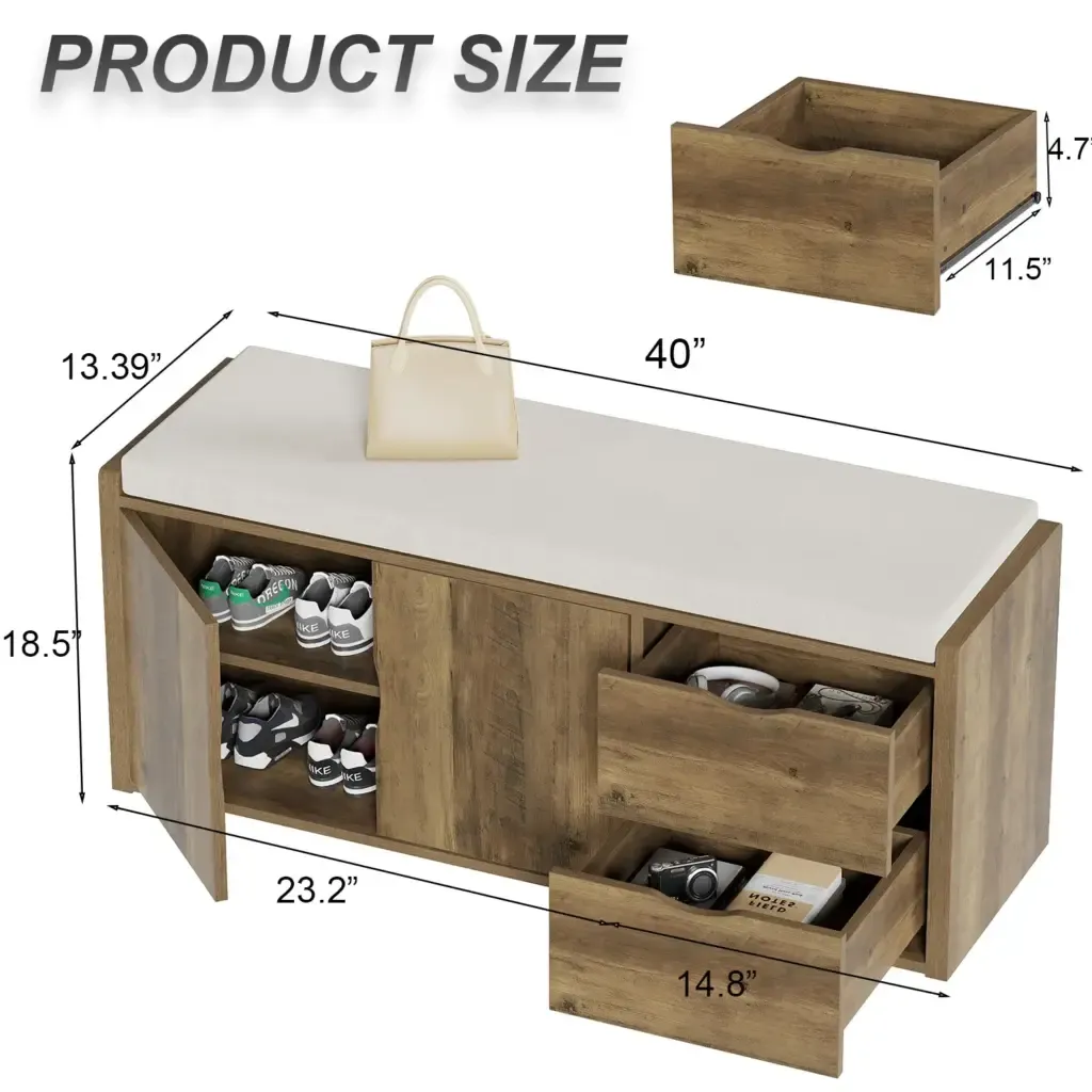 Entryway bench na may naka -pack na cushioned seatioRustic oakRustic Oak Finish Toptrue Entryway Bench with Padded Cushioned Seat, Rustic Oak Finish
