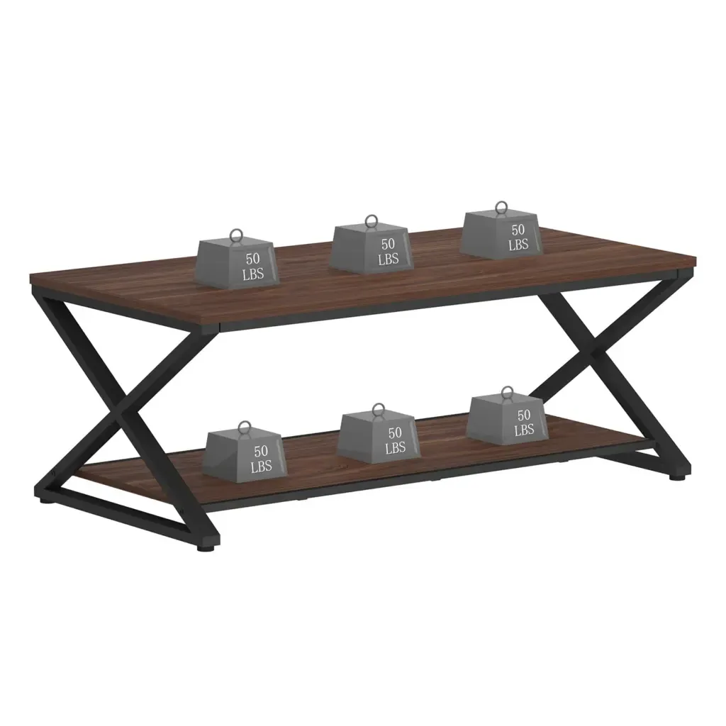 X Hugis ng Leg Coffee Table na may istantea Walnutna biPulgadaat walnut shelf ng coffee table Close-up detail of the X-shaped metal legs and walnut shelf of the coffee table