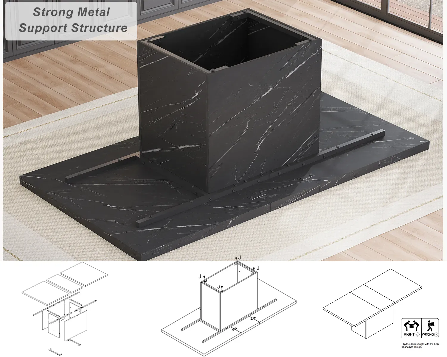 T-formad svart faux marmor matbord, 78.74 Tum 05