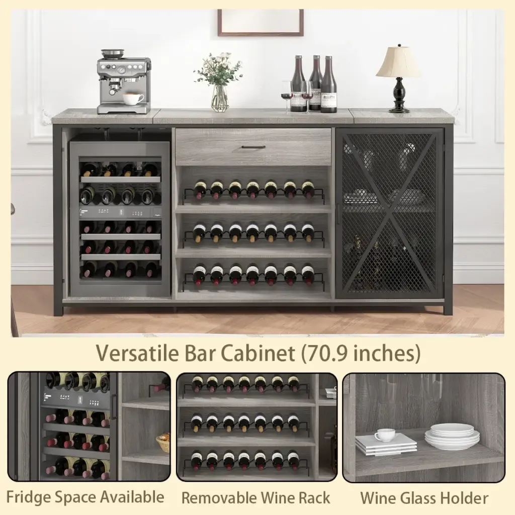 70.86†Gabinete vino yéetel u espacio nevera, Sáasil gris roble 3 Detailed view of the cabinet's rustic oak grain and iron frame construction