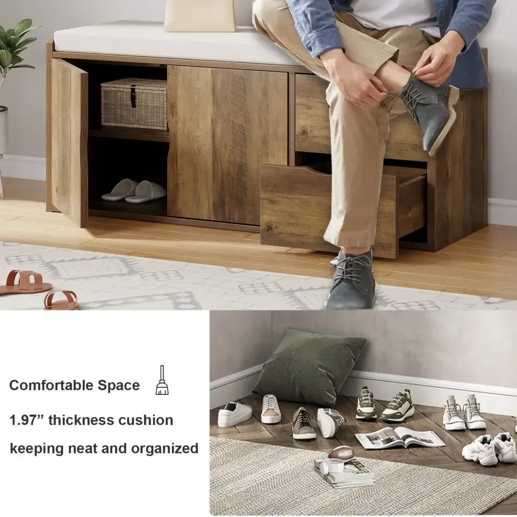 Entryway bench na may naka -pack na cushioned seattsRustic oakable Shelves Toptrue Entryway Bench Storage Compartments and Adjustable Shelves