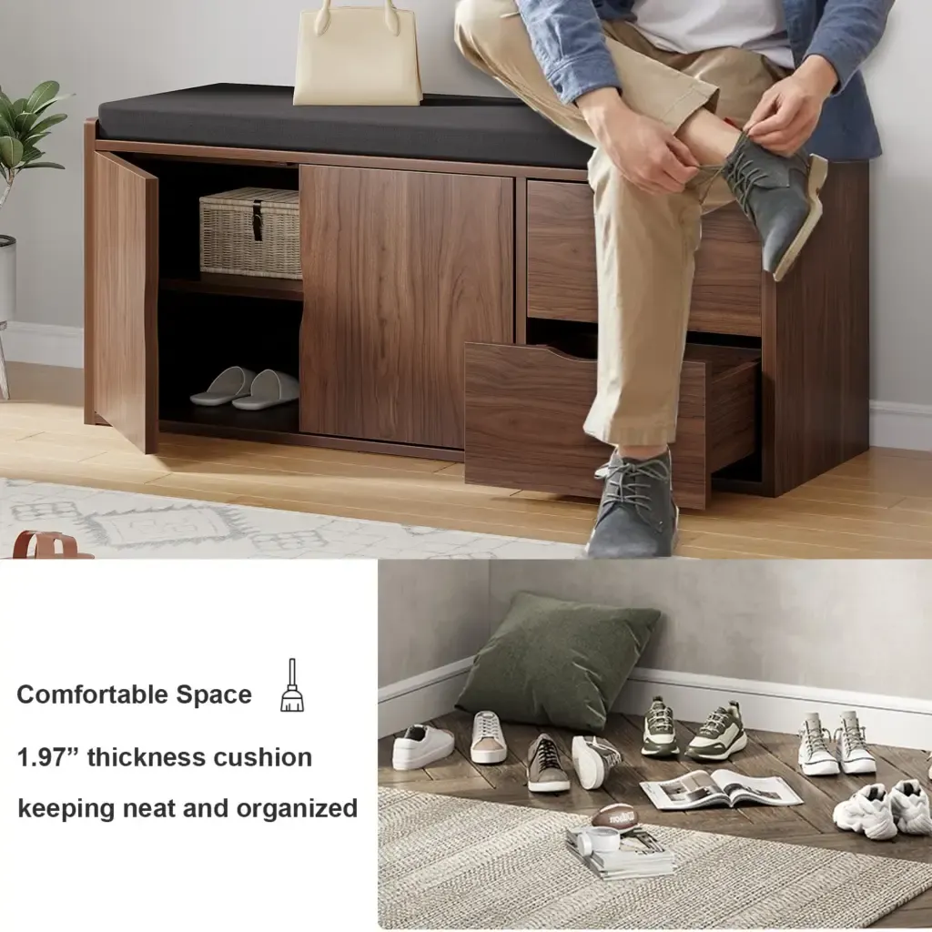 Nkag mus rau hauv lub rooj zaum hauv ncooejLub txiv ntoonrog cushion thiab drawers Toptrue Walnut Entryway Bench front view with cushion and drawers