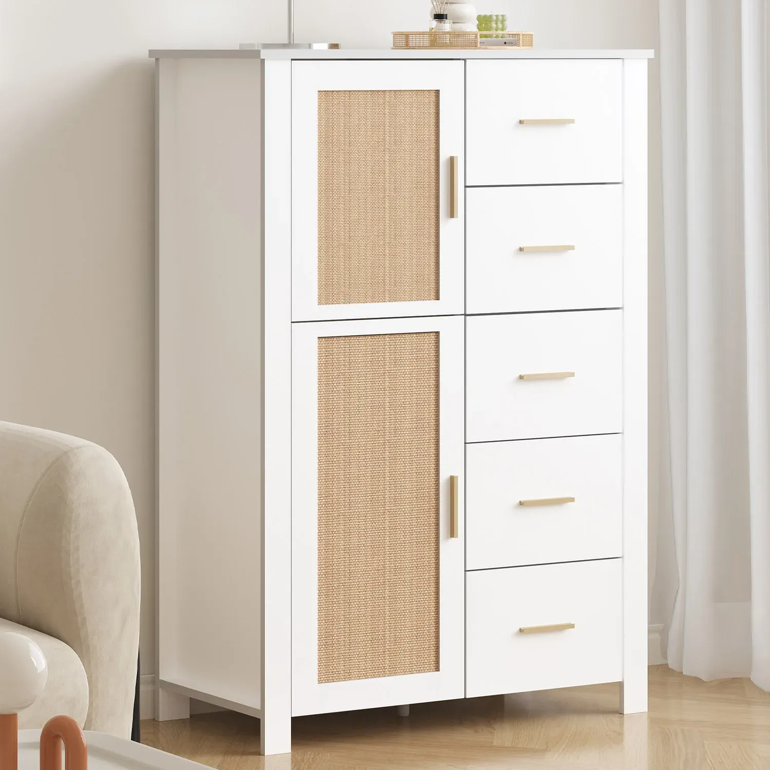 5 Ящик комода Rattan зберіганнÑ, Білий дуб_01