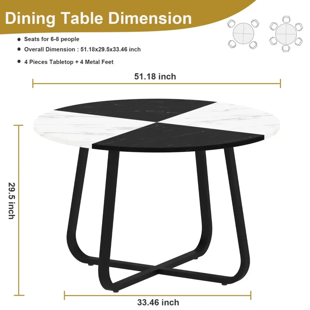 Tabla k'óoben wóolis utia'al uensioWíiniketMármol sak yéetel Negro Fouxk Faux MCañoe, 51.18 Inch 2 Toptrue Round Table Dimensions and Size Details