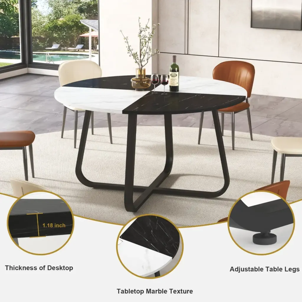 Tabla k'óoben wóolis utia'al uro FaWíinikrmMármol sak yéetel Negro Foux#039; jaCañox Marble, 51.18 Inch 1 Toptrue White and Black Faux Marble Round Dining Table